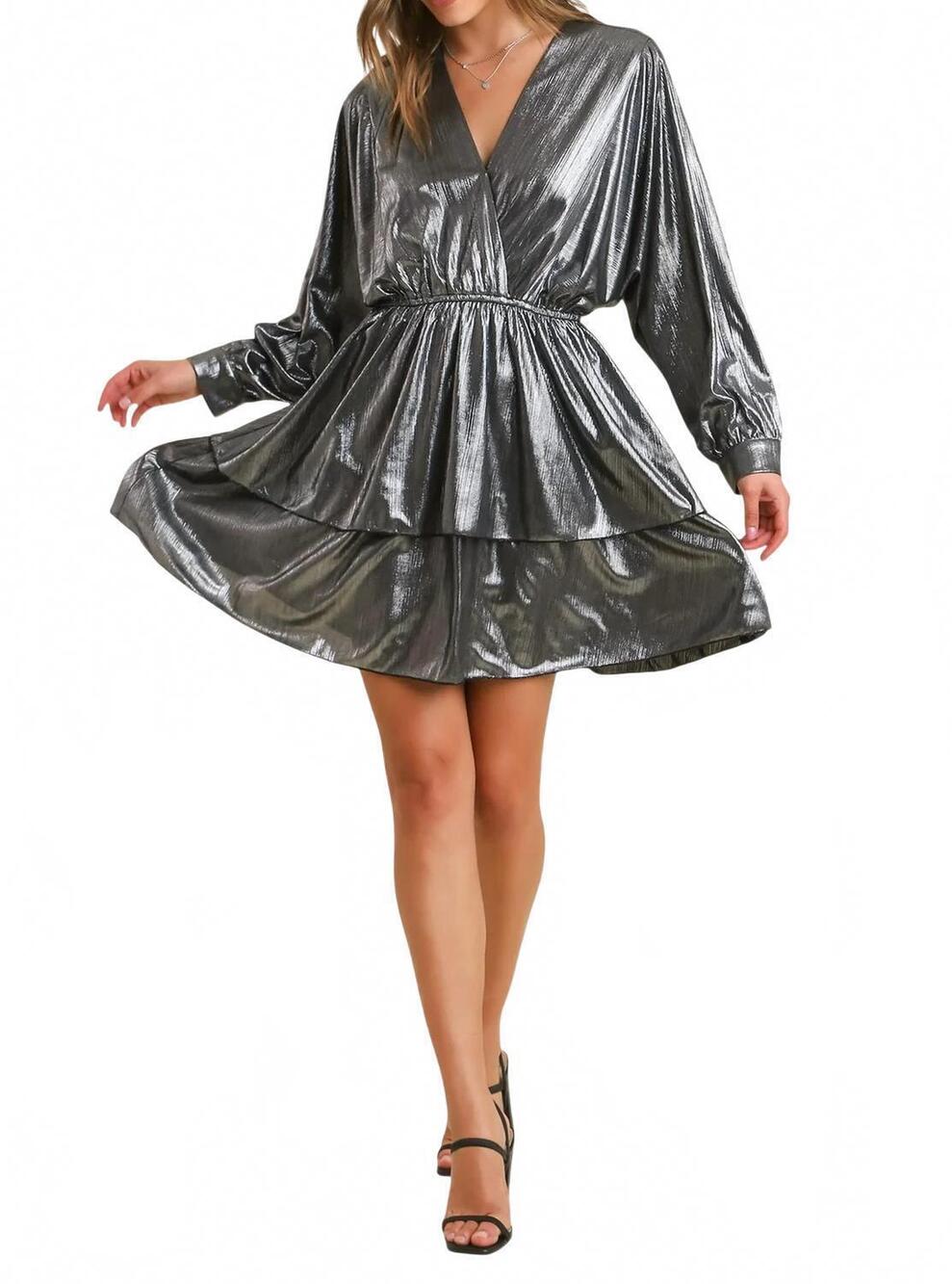 NEW UMGEE metallic surplice neckline tiered dress in gunmetal